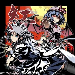 Rule 34 | 2girls, bat wings, between fingers, blue eyes, blue hair, braid, female focus, hat, high contrast, highres, holding, izayoi sakuya, knife, maid, maid headdress, moon, multiple girls, nail polish, outstretched arm, red eyes, red nails, remilia scarlet, short hair, silver hair, throwing knife, touhou, tsukimido, twin braids, weapon, wings