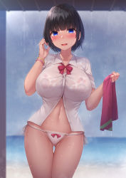 Rule 34 | 1girl, :d, absurdres, black hair, blouse, blue eyes, blunt bangs, blush, bob cut, bra, bra visible through clothes, bracelet, breasts, cameltoe, collarbone, collared shirt, commentary request, gluteal fold, highres, holding, holding towel, horizon, jewelry, large breasts, navel, open mouth, original, overcast, panties, rain, see-through, see-through shirt, shirt, short hair, sky, smile, solo, standing, tan, tanline, thigh gap, towel, toyosaki shu, underwear, wet, white bra, white panties, white shirt