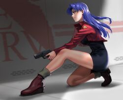 Rule 34 | 1girl, absurdres, bare legs, belt, breasts, full body, gun, highres, holding, holding gun, holding weapon, jacket, jacket on shoulders, jewelry, katsuragi misato, kneeling, large breasts, lips, long hair, looking to the side, neon genesis evangelion, open clothes, open jacket, pencil pusher, purple hair, red jacket, simple background, skirt, smile, the end of evangelion, weapon, wide hips
