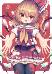 Rule 34 | 1girl, arms up, black thighhighs, blonde hair, blood, border, bow, breasts, collar, crystal, darumoon, flandre scarlet, hair between eyes, hair ribbon, hands up, heart, highres, jewelry, looking at viewer, medium breasts, multicolored wings, no headwear, open mouth, ponytail, puffy short sleeves, puffy sleeves, red background, red eyes, red ribbon, red skirt, red vest, ribbon, shirt, short sleeves, skirt, solo, standing, thighhighs, touhou, vest, white border, white bow, white shirt, white sleeves, wings, yellow neckwear