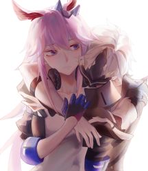 Rule 34 | 1boy, 1girl, animal ears, black gloves, black jacket, closed mouth, commission, eucacell, fox ears, gloves, hair ornament, headphones, headphones around neck, highres, honkai (series), honkai impact 3rd, hug, hug from behind, jacket, kalpas (honkai impact), long hair, looking at viewer, mask, pink hair, purple eyes, shirt, simple background, sleeves past elbows, third-party source, white background, white gloves, white hair, white shirt, yae sakura, yae sakura (goushinnso memento)
