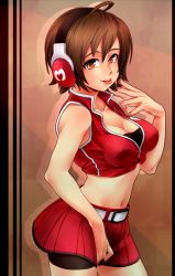 Rule 34 | 1girl, :p, ahoge, between legs, bike shorts, breasts, brown eyes, brown hair, cleavage, hand between legs, headphones, highres, itsuki (otsugei), large breasts, looking at viewer, meiko (vocaloid), midriff, navel, otsugei, short hair, skirt, smile, solo, tongue, tongue out, vocaloid