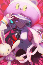 Rule 34 | 1girl, abstract background, absurdres, animal hood, bare legs, black bow, black bowtie, bow, bowtie, buttons, character name, commentary, dress, full body, highres, hood, hood up, hoodie, leaning forward, long hair, long sleeves, looking at viewer, multicolored hair, nakauma, one piece, one piece film: red, pink background, pink hoodie, purple eyes, red hair, shirt, shoes, smile, sneakers, solo, stuffed animal, stuffed rabbit, stuffed toy, twintails, two-tone hair, uta (one piece), white hair, white shirt