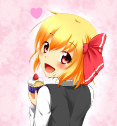 Rule 34 | 1girl, blonde hair, blush, cupcake, food, fruit, gradient background, hair ribbon, heart, icing, long sleeves, looking at viewer, looking back, open mouth, pink background, red eyes, ribbon, rody (hayama yuu), rumia, short hair, solo, strawberry, touhou, vest