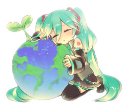 Rule 34 | 1girl, aqua hair, bad id, bad pixiv id, closed eyes, detached sleeves, earth (planet), female focus, full body, fuyu kitsune, hatsune miku, hello planet (vocaloid), long hair, planet, plant, simple background, skirt, solo, thighhighs, twintails, very long hair, vocaloid, white background