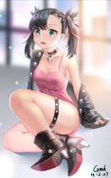 Rule 34 | 1girl, asymmetrical bangs, black choker, black footwear, black hair, black jacket, black nails, blush, boots, breasts, choker, cleavage, collarbone, creatures (company), dress, earrings, embarrassed, full body, game freak, gmh (gmh), green eyes, hair ribbon, highres, jacket, jacket partially removed, jewelry, legs, looking at viewer, marnie (pokemon), medium breasts, medium hair, nail polish, nintendo, open mouth, pendant choker, pink dress, pokemon, pokemon swsh, red ribbon, ribbon, shoe soles, short dress, sitting, solo, thigh strap, thighs, twintails, two side up