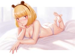 Rule 34 | 1girl, animal ears, ass, bare arms, bare legs, bare shoulders, barefoot, black hairband, blonde hair, blush, bra, breasts, brown eyes, cleavage, closed mouth, collarbone, commentary request, fake animal ears, feet, feet up, full body, hairband, hand on own chin, highres, kafkasea, large breasts, looking at viewer, lying, mouse ears, on bed, on stomach, panties, purple bra, purple panties, short hair, soles, solo, the pose, toes, uchi emiri, underwear, underwear only, unusually open eyes, watashi ga motenai no wa dou kangaetemo omaera ga warui!, white background, white theme