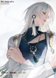 Rule 34 | 1girl, absurdres, du ruo (path to nowhere), earrings, from below, green eyes, grip, highres, jewelry, long hair, looking to the side, necklace, path to nowhere, white hair, ymy kui