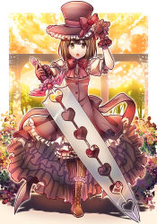 Rule 34 | 1girl, boots, bow, brown eyes, brown hair, dress, flower, frilled skirt, frills, garden, gloves, hand on headwear, hat, hat ribbon, heart, huge weapon, looking at viewer, open mouth, ribbon, short hair, skirt, solo, striped clothes, striped thighhighs, suou sakura, sword, thighhighs, vertical-striped clothes, vertical-striped thighhighs, weapon
