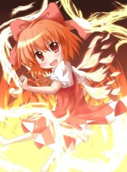 Rule 34 | 1girl, achi cirno, alternate color, alternate element, barefoot, cirno, fire, hair ribbon, open mouth, red eyes, red hair, resized, ribbon, short hair, solo, touhou, yuya (minus-k)