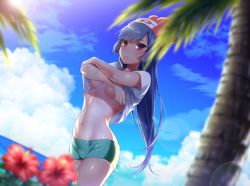 Rule 34 | 10s, 1girl, :o, alternate color, armpit peek, beanie, blue sky, blurry, blush, breasts, clothes lift, cloud, cosplay, cowboy shot, creatures (company), crossed arms, day, depth of field, flower, game freak, green shorts, hat, hibiscus, hizuki akira, horizon, long hair, looking at viewer, medium breasts, midriff, navel, nintendo, outdoors, palm tree, parted lips, plant, pokemon, pokemon rgby, pokemon sm, purple hair, red eyes, red hat, sabrina (pokemon), selene (pokemon), selene (pokemon) (cosplay), shiny skin, shirt lift, shorts, simple background, sky, solo, stomach, tan, tanline, tree, tsurime, underboob, undressing, water, white background