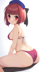 Rule 34 | 1girl, arima kana, ass, beret, bikini, blue hat, butt crack, commentary request, from behind, hat, highres, looking at viewer, looking back, oshi no ko, pink bikini, red eyes, red hair, short hair, shuten (shutehaan), simple background, sitting, solo, swimsuit, white background