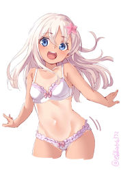 Rule 34 | 1girl, bare arms, bare shoulders, blonde hair, blue eyes, blush, bow, bow bra, bow panties, bra, breasts, cropped legs, ebifurya, flower, frilled bra, frilled panties, frills, gluteal fold, groin, hair flower, hair ornament, highres, kantai collection, long hair, looking at viewer, motion lines, navel, one-piece tan, open mouth, panties, pink flower, ro-500 (kancolle), round teeth, simple background, small breasts, smile, solo, stomach, tan, tanline, teeth, thighs, twitter username, underwear, underwear only, white background, white bra, white panties
