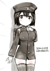 Rule 34 | 10s, 1girl, absurdres, akitsu maru (kancolle), artist name, black eyes, black hair, blush, breasts, cowboy shot, dated, frown, gloves, hat, highres, kantai collection, large breasts, military, military uniform, peaked cap, rondo bell, short hair, solo, thighhighs, uniform, white background