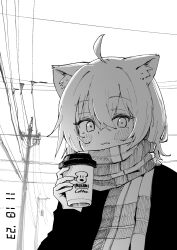 Rule 34 | 1girl, ahoge, animal ears, blush, cat ears, cat girl, chun 1234567, cup, fang, greyscale, hair between eyes, highres, holding, holding cup, hololive, looking at viewer, monochrome, nekomata okayu, scarf, skin fang, solo, utility pole, virtual youtuber