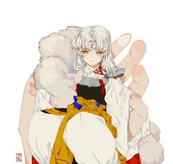 Rule 34 | 1boy, armor, closed mouth, crescent, crescent facial mark, facial mark, floral print, forehead mark, frown, full body, fur shawl, highres, holding another&#039;s finger, in palm, inuyasha, japanese clothes, kimono, logo, long hair, long sleeves, looking at viewer, male focus, mini person, miniboy, out of frame, outstretched arms, pants, pointy ears, pov, pov hands, sash, sesshoumaru, shawl, shoulder spikes, simple background, sitting, size difference, solo focus, spikes, white background, white hair, whjza, yellow eyes