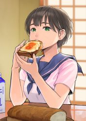 Rule 34 | 1girl, blue neckerchief, blue sailor collar, blurry, blurry background, bread slice, breakfast, breasts, commentary request, depth of field, earrings, eating, eyebrows hidden by hair, food, fried egg, green eyes, hands up, highres, holding, holding food, jchoy, jewelry, looking at viewer, medium breasts, neckerchief, original, sailor collar, school uniform, serafuku, shirt, short hair, short sleeves, solo, stud earrings, thick eyebrows, toast, upper body, white shirt