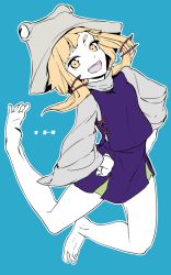 Rule 34 | 1girl, barefoot, blonde hair, blue background, hair ribbon, hands on own hips, hat, long legs, moriya suwako, open mouth, ribbon, solo, thupoppo, touhou, wide sleeves, yellow eyes