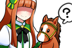 Rule 34 | 1girl, 1other, ?, absurdres, aramori susumu, black bow, black bowtie, blunt bangs, bow, bowtie, hairband, highres, hime cut, horse, jack d&#039;or (racehorse), orange hair, real life, shaded face, silence suzuka (umamusume), simple background, smile, spoken question mark, umamusume, white background, white hairband
