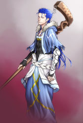 Rule 34 | 1boy, belt, blue hair, bracelet, capelet, claptrack, closed mouth, cu chulainn (fate), cu chulainn (caster) (fate), earrings, fate/grand order, fate (series), fur-trimmed hood, fur trim, highres, holding, holding staff, hood, hood down, hooded capelet, jewelry, cu chulainn (fate/stay night), long hair, looking at viewer, male focus, muscular, red eyes, smile, solo, spiked hair, staff, standing, type-moon, vambraces, wooden staff