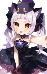 Rule 34 | 1girl, :p, absurdres, animal ear fluff, animal ears, bad id, bad pixiv id, blunt bangs, blush, bow, brooch, cat ears, cat girl, cat tail, center frills, choker, criss-cross halter, dress, dress bow, frilled choker, frilled dress, frilled ribbon, frills, hair ribbon, halter dress, halterneck, highres, hololive, huge filesize, jewelry, layered dress, long hair, looking at viewer, murasaki shion, murasaki shion (gothic lolita), noi mine, pantyhose, ribbon, selfie, shiokko (murasaki shion), short dress, short eyebrows, sidelocks, silver hair, simple background, sleeveless, sleeveless dress, tail, tail bow, tail ornament, tongue, tongue out, twintails, virtual youtuber, white background, yellow eyes