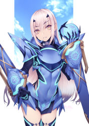 Rule 34 | 1girl, armor, armored dress, banned artist, blue armor, blue dress, blue legwear, blue sky, breastplate, breasts, brown eyes, dress, melusine (fate), fate/grand order, fate (series), faulds, forked eyebrows, kyoeiki, long hair, looking at viewer, mask, pauldrons, short dress, shoulder armor, sidelocks, sky, small breasts, solo, thighs, weapon, white hair