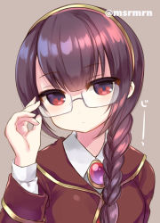 Rule 34 | 1girl, adjusting eyewear, bad id, bad pixiv id, blush, braid, brooch, brown background, brown hair, brown jacket, character request, closed mouth, collared shirt, glasses, hair over shoulder, hairband, hand up, head tilt, jacket, jewelry, mashiro miru, monster strike, red eyes, shirt, sidelocks, simple background, single braid, solo, twitter username, white shirt