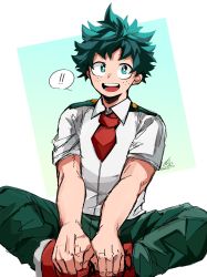 Rule 34 | !, 1boy, absurdres, boku no hero academia, butterfly sitting, commentary request, freckles, green eyes, green hair, green pants, hands on feet, highres, kai2 ly, male focus, midoriya izuku, necktie, open mouth, pants, red footwear, red necktie, school uniform, shirt, shoes, short hair, short sleeves, simple background, sitting, smile, solo, spoken exclamation mark, u.a. school uniform, white background, white shirt