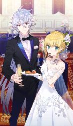Rule 34 | 1boy, 1girl, ahoge, alcohol, artoria pendragon (all), artoria pendragon (fate), avalon celebrate, banner, blonde hair, blush, bow, bowtie, braid, braided bun, breasts, cape, carpet, champagne, champagne flute, cleavage, collair (cono), craft essence (fate), cup, dress, drinking glass, eating, fate/grand order, fate (series), flower, food, fork, gloves, green eyes, hair bun, hair flower, hair ornament, hair ribbon, jewelry, light purple hair, long dress, long hair, looking at viewer, medium breasts, merlin (fate/stay night), necklace, official alternate costume, official art, pie, plate, purple eyes, ribbon, saber (avalon celebrate) (fate), saber (fate), see-through, strapless, strapless dress, table, tuxedo, wedding dress, white dress, white gloves