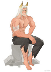 Rule 34 | 1boy, abs, arknights, bandages, bara, barefoot, beard, black pants, facial hair, feather hair, frde, full body, furry, furry male, large pectorals, long hair, male focus, mature male, muscular, muscular male, mustache, nipples, original, pants, pectorals, short hair, solo, stomach, thick eyebrows, topless male, torn clothes, torn pants, white hair