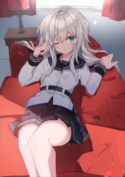 Rule 34 | 1girl, absurdres, belt, black belt, black sailor collar, black skirt, blue eyes, commentary request, dress, fathom, feet out of frame, hibiki (kancolle), highres, kantai collection, lamp, long hair, looking at viewer, lying, one eye closed, pleated dress, sailor collar, school uniform, serafuku, silver hair, skirt, solo, verniy (kancolle), waking up, window