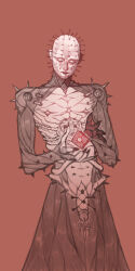 1boy black_nails body_horror closed_eyes closed_mouth cowboy_shot cromwaits fingernails hellraiser highres horror_(theme) monster object_floating_above_hand penis pinhead red_background sharp_fingernails simple_background solo sounding uncensored urethral_insertion