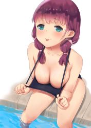 Rule 34 | 1girl, :&gt;, :p, aqua eyes, bikini, blue bikini, blush, breasts, cleavage, closed mouth, clothes pull, collarbone, downblouse, eyebrows, flashing, from above, hair ornament, hair over shoulder, hair scrunchie, highres, long hair, looking at viewer, multi-tied hair, one-piece swimsuit, one-piece swimsuit pull, original, pool, poolside, pulled by self, purple hair, qzik, scrunchie, sitting, smile, soaking feet, solo, strap gap, swimsuit, tongue, tongue out, twintails, water, wet, white background