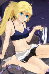 Rule 34 | 1girl, :o, ahoge, arm support, bare shoulders, barefoot, bike shorts, blonde hair, blue eyes, breasts, cleavage, clothes around waist, collarbone, holding, jacket, jacket around waist, kakaaru, lowres, midriff, navel, night, odien (sword girls), open mouth, outdoors, ponytail, sitting, solo, sports bra, star (symbol), sword girls, wariza