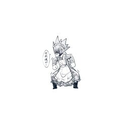 Rule 34 | 1boy, alternate costume, animal head, apron, beak, bird boy, boku no hero academia, clenched hands, commentary request, crossdressing, dress, empty eyes, enmaided, full body, greyscale, long sleeves, maid, maid apron, maid headdress, male focus, monochrome, nbmtyr, simple background, solo, speech bubble, standing, tokoyami fumikage, translation request, white background