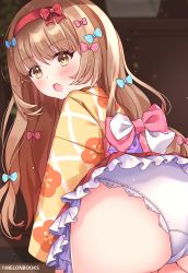 Rule 34 | 1girl, :o, ass, blue bow, blunt bangs, blush, bow, brown background, brown hair, copyright name, floral print, fujishiro kokoa, hair bow, hairband, highres, indoors, long hair, looking back, maid, melonbooks, panties, pink bow, red hairband, red skirt, skirt, solo, underwear, white panties