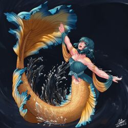 Rule 34 | 1girl, absurdres, black background, blue eyes, blue hair, breasts, cleavage, commentary, dated, drill hair, drill sidelocks, english commentary, fins, full body, head fins, highres, hippppodraw, large breasts, looking at viewer, medium breasts, mermaid, monster girl, open mouth, short hair, sidelocks, signature, simple background, solo, touhou, wakasagihime, water