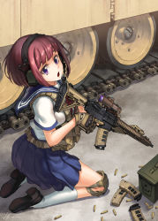 Rule 34 | 1girl, ammunition box, artist name, assault rifle, black footwear, blue sailor collar, blue skirt, bob cut, brown hair, bullet, commentary, english commentary, from behind, gun, hairband, headphones, holding, holding gun, holding weapon, knee pads, kneeling, kws, loafers, looking at viewer, looking back, magazine (weapon), military, military vehicle, miniskirt, motor vehicle, open mouth, original, pleated skirt, purple eyes, red hairband, rifle, sailor collar, school uniform, scope, serafuku, shadow, shirt, shoes, short hair, short sleeves, signature, skirt, socks, solo, tank, trigger discipline, weapon, white shirt, white socks