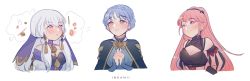 Rule 34 | 3girls, absurdres, artist name, blue hair, braid, breasts, brown eyes, cleavage, cookie, crown braid, fire emblem, fire emblem: three houses, food, own hands clasped, highres, hilda valentine goneril, inkanii, long hair, lysithea von ordelia, marianne von edmund, multiple girls, nintendo, aged up, own hands together, parted lips, pink eyes, pink hair, pocky, ponytail, simple background, upper body, white background, white hair