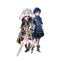 Rule 34 | 1boy, 1girl, absurdres, aged down, black coat, black gloves, blue eyes, blue hair, braid, chrom (child) (fire emblem), chrom (fire emblem), coat, fingerless gloves, fire emblem, fire emblem awakening, fire emblem heroes, frown, gloves, grey eyes, highres, hiiragi akio, holding, holding sword, holding weapon, looking at viewer, nintendo, official art, robin (female) (child) (fire emblem), robin (female) (fire emblem), robin (fire emblem), smile, sword, tachi-e, twintails, v-shaped eyebrows, weapon, white hair