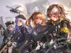 Rule 34 | 404 (girls&#039; frontline), 4girls, :3, absurdres, aircraft, animal, assault rifle, bad id, bad pixiv id, belt pouch, beret, bird, black bow, black eyes, black gloves, black hat, black jacket, black legwear, black shorts, black skirt, blurry, blurry foreground, bow, brown hair, building, bullpup, caseless firearm, city, cityscape, closed eyes, commentary request, cowboy shot, cross hair ornament, day, expressionless, facial mark, fingerless gloves, flock, g11 (girls&#039; frontline), girls&#039; frontline, gloves, green eyes, green hat, grey sky, gun, h&amp;k g11, h&amp;k hk416, h&amp;k ump, hair bow, hair ornament, hairclip, hand up, hat, heckler &amp; koch, helicopter, highres, hk416 (girls&#039; frontline), holding, holding gun, holding weapon, horizontal magazine, huge filesize, jacket, leg belt, long hair, long sleeves, looking at another, looking at viewer, looking down, miniskirt, motion blur, multiple girls, one side up, open clothes, open jacket, open mouth, orange eyes, outdoors, plaid, plaid skirt, pleated skirt, pouch, purple jacket, red eyes, rifle, ruins, sakura honoka (srhk0623), scar, scar across eye, scar on face, shirt, short shorts, shorts, side-by-side, sidelocks, skirt, sky, smile, smoke, submachine gun, sunlight, suppressor, thighhighs, twintails, ump45 (girls&#039; frontline), ump9 (girls&#039; frontline), uneven eyes, v-shaped eyebrows, weapon, white gloves, white hair, white shirt, window magazine, zettai ryouiki