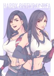Rule 34 | 2girls, arm guards, asymmetrical hair, bandaged hand, bandages, bare shoulders, belt, black bra, black gloves, black hair, black skirt, border, bra, breasts, character name, clenched hand, cowboy shot, crop top, earrings, elbow gloves, final fantasy, final fantasy vii, final fantasy vii remake, fingerless gloves, gloves, hair between eyes, happy birthday, highres, jewelry, large breasts, long hair, low-tied long hair, lower teeth only, midriff, multiple girls, navel, newwellie, open mouth, purple background, red eyes, red gloves, shirt, simple background, skirt, sleeveless, sleeveless shirt, smile, sports bra, suspenders, teeth, tifa lockhart, twitter username, underwear, upper teeth only, variations, white shirt
