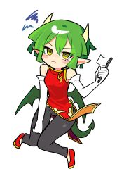 Rule 34 | 1girl, absurdres, black pants, brown eyes, china dress, chinese clothes, closed mouth, draco centauros, dragon girl, dragon horns, dragon tail, dragon wings, dress, elbow gloves, embarrassed, flag, full body, gloves, green hair, highres, horns, looking at viewer, offbeat, pants, pointy ears, puyopuyo, red dress, red footwear, short hair, simple background, sleeveless, sleeveless dress, solo, tail, white background, white flag, white gloves, wings