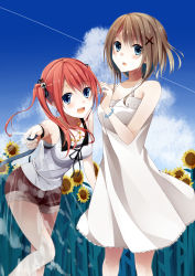 Rule 34 | 2girls, bad id, bad pixiv id, bare arms, bare shoulders, blue eyes, blush, bracelet, brown hair, cloud, collarbone, day, dress, flower, hair ornament, hairclip, happy, highres, hose, jewelry, long hair, looking at viewer, multiple girls, open mouth, original, outdoors, red hair, ren (hissorito.), short hair, shorts, sky, sleeveless, sleeveless dress, sunflower, twintails, water