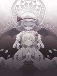 Rule 34 | 2girls, bat wings, blonde hair, blue hair, closed eyes, closed mouth, crystal, dress, facing viewer, flandre scarlet, frilled sleeves, frills, hat, hat ribbon, highres, long hair, looking at another, medium hair, mob cap, multiple girls, muted color, own hands together, puffy short sleeves, puffy sleeves, rcs 4, red eyes, red ribbon, red skirt, red vest, remilia scarlet, ribbon, short sleeves, siblings, sisters, skirt, touhou, vest, white dress, white headwear, wings, wrist cuffs