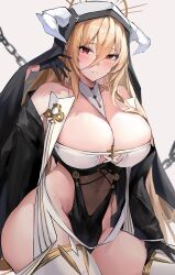 Rule 34 | 1girl, absurdres, azur lane, bare shoulders, between breasts, black gloves, blonde hair, blush, breasts, cleavage, covered navel, fake horns, feet out of frame, gloves, habit, hair between eyes, half gloves, halo, hand up, highres, horns, huge breasts, implacable (azur lane), long bangs, long hair, long sleeves, looking at viewer, nun, parted lips, pelvic curtain, red eyes, revealing clothes, shirt slip, sijinni, simple background, solo, thighhighs, thighs, two-tone dress, veil, very long hair, white background, white horns, white thighhighs, zettai ryouiki