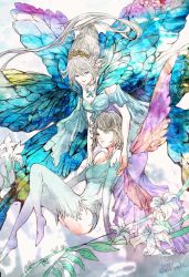 Rule 34 | 2girls, an lad, bare shoulders, blue eyes, breasts, butterfly wings, cleavage, elbow gloves, fairy, fairy wings, final fantasy, final fantasy xiv, gloves, grey hair, hair between eyes, insect wings, looking at another, medium breasts, multiple girls, pointy ears, ruka (blueplus84), small breasts, thighhighs, tiara, time paradox, titania (final fantasy), wings