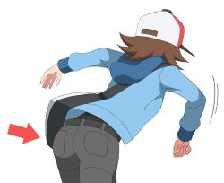Rule 34 | 1boy, arrow (symbol), ass, belt, bent over, blue jacket, brown hair, commentary request, cowboy shot, creatures (company), game freak, guranaada, hat, hilbert (pokemon), hood, hood down, hooded jacket, jacket, long sleeves, male focus, motion lines, nintendo, pants, pokemon, pokemon bw, shirt, short hair, simple background, solo, throwing, white background, white hat