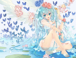 Rule 34 | 1girl, aqua eyes, aqua hair, bad id, bad pixiv id, barefoot, bug, butterfly, feet, flower, hair flower, hair ornament, hatsune miku, bug, lily pad, long hair, mia0309, open mouth, partially submerged, see-through, sitting, solo, twintails, very long hair, vocaloid, water, wings
