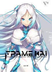 Rule 34 | 1girl, android, aqua hair, blue eyes, bright pupils, capelet, gradient hair, headgear, highres, joints, long hair, looking at viewer, mask, unworn mask, multicolored hair, original, robot ears, robot joints, sawawse, science fiction, smile, solo, white hair, white pupils